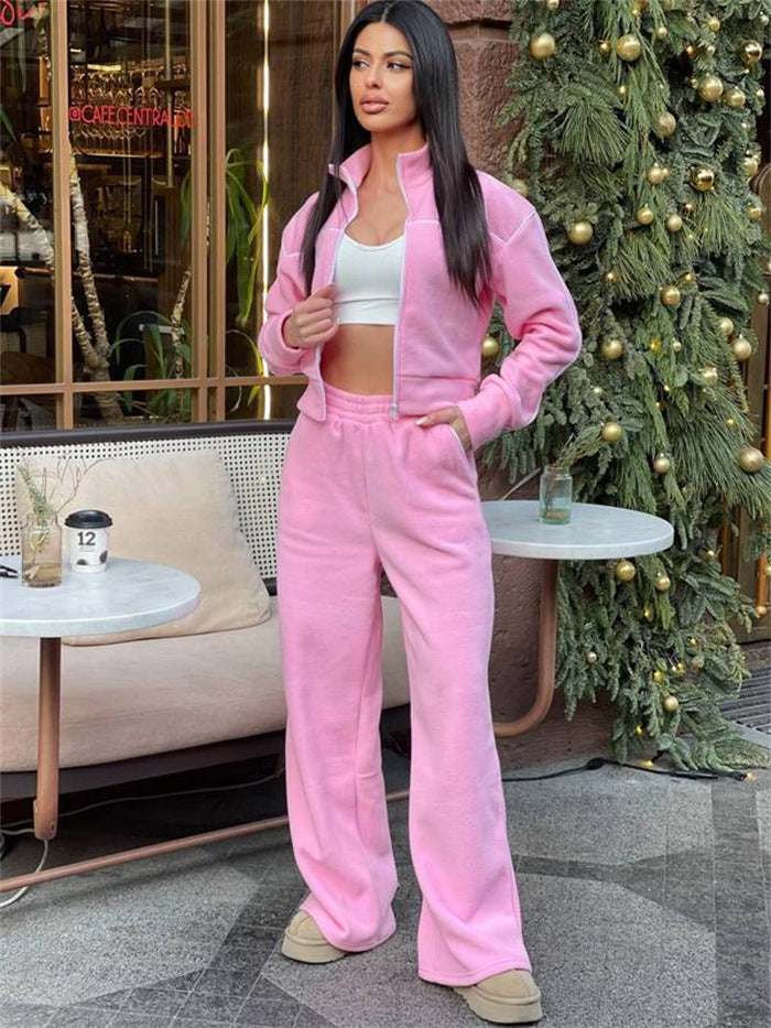 Damen Kurzgeschnittenes Zip-Oberteil mit lockerfallender High-Waist-Loungehose – Auréline