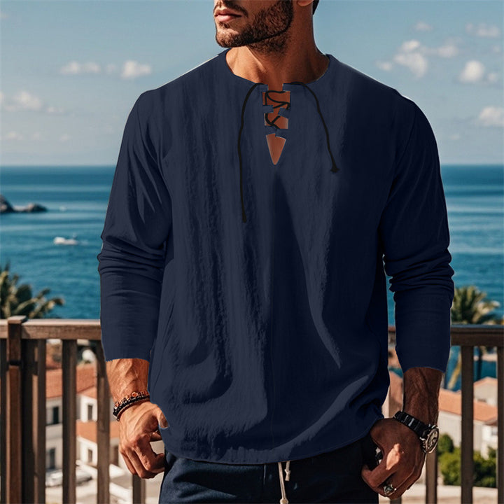 Herren modisches Langarmshirt mit Schnürung und V-Ausschnitt Echoarchiv