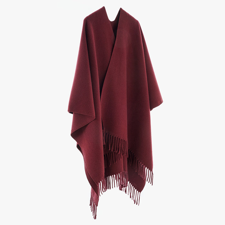 Damen Minimalistischer Wickel‑Capeponcho aus Wollmix mit V‑Ausschnitt und zartem Fransensaum – Avérine