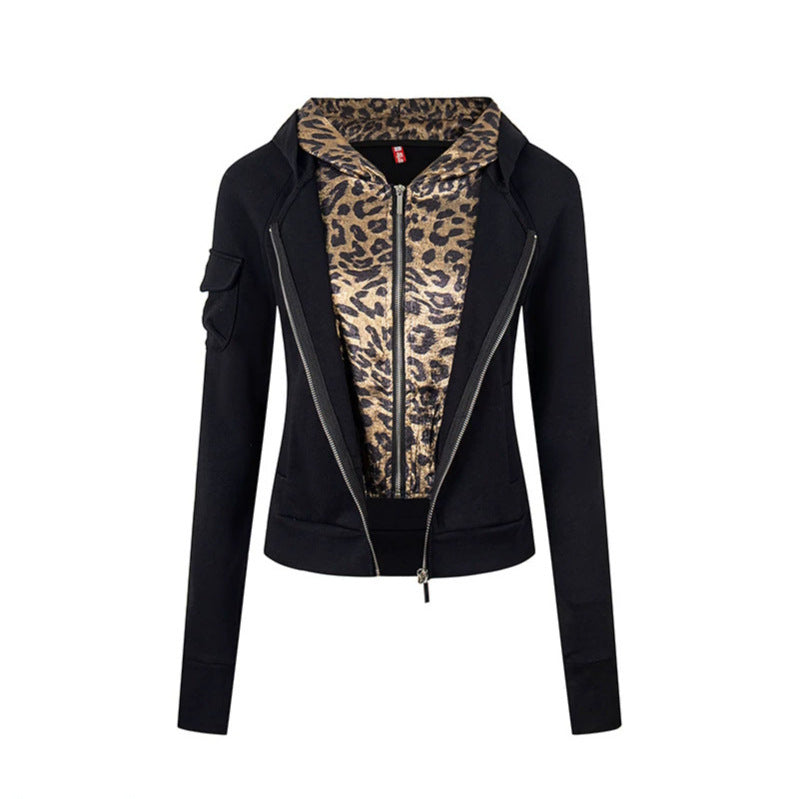 Damen Lagenlook-Zip-Hoodie mit metallischem Leoparden-Innenfutter und schmaler Silhouette Echoarchiv