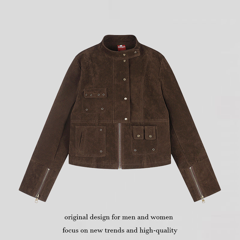 Damen kurze Wildleder-Utilityjacke mit Stehkragen, Mehrfachtaschen und Reißverschluss Echoarchiv