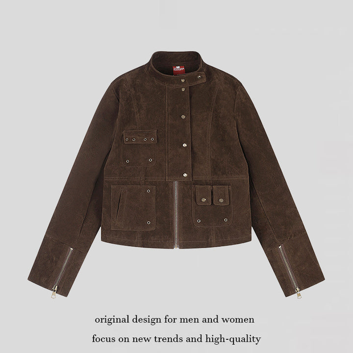 Damen kurze Wildleder-Utilityjacke mit Stehkragen, Mehrfachtaschen und Reißverschluss Echoarchiv