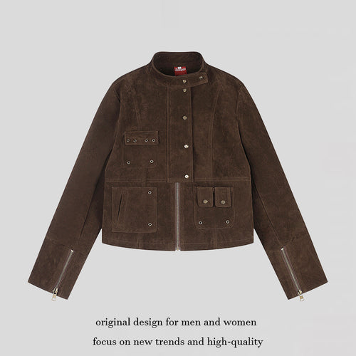 Damen kurze Wildleder-Utilityjacke mit Stehkragen, Mehrfachtaschen und Reißverschluss Echoarchiv