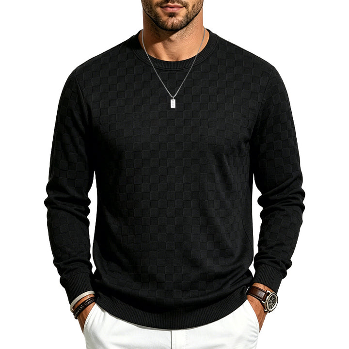 Herren Feiner Rundhals-Strickpullover mit dezentem Schachbrettmuster Echoarchiv