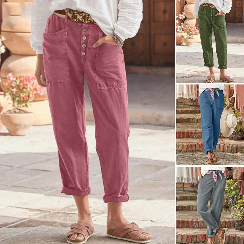 Damen nan Leinen-Baumwoll-Loungehose mit weitem Schnitt, hoher Bund und aufgesetzten Taschen Echo Archiv
