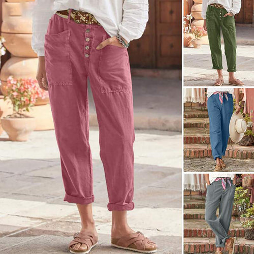 Damen nan Leinen-Baumwoll-Loungehose mit weitem Schnitt, hoher Bund und aufgesetzten Taschen Echo Archiv