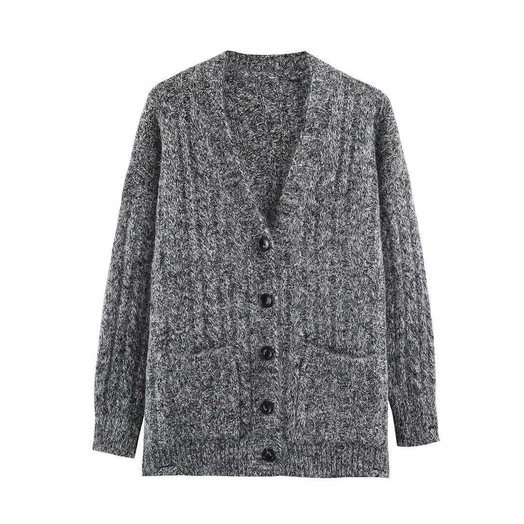 Damen Grobgestrickter Oversize-Cardigan mit Zopfstrick V-Ausschnitt und aufgesetzten Taschen Echoarchiv