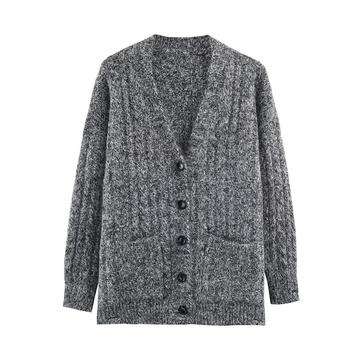 Damen Grobgestrickter Oversize-Cardigan mit Zopfstrick V-Ausschnitt und aufgesetzten Taschen Echoarchiv