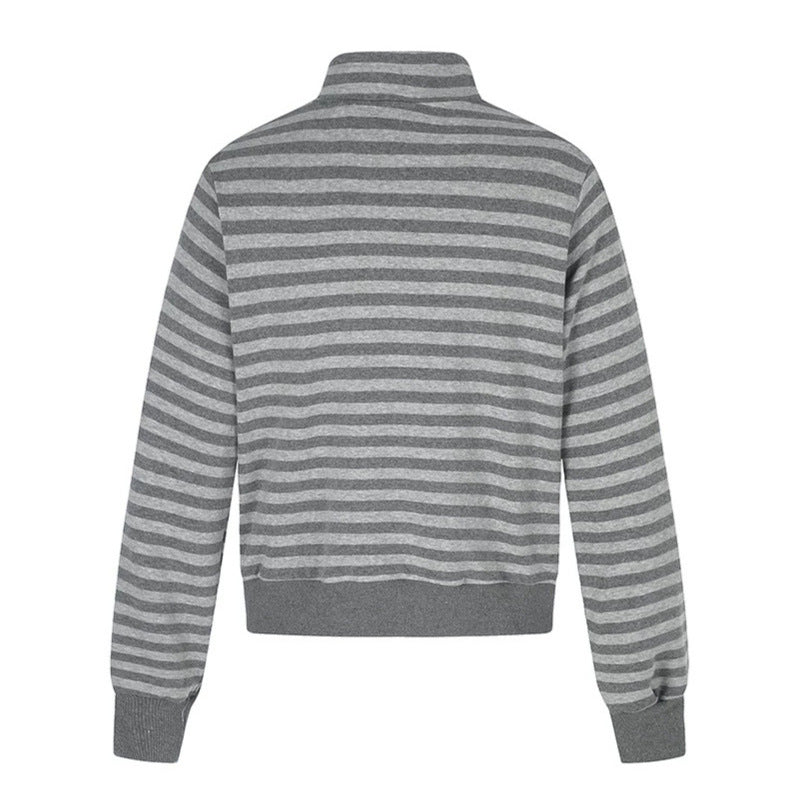 Damen Gestreifte Zip-Sweatjacke mit Stehkragen, Reißverschlusstaschen und Vintage-Flaggenprint Echoarchiv