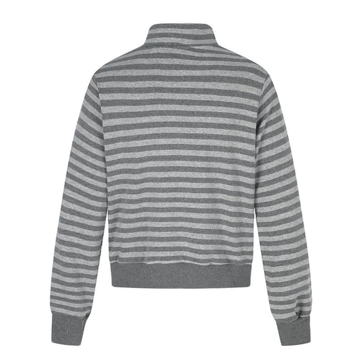 Damen Gestreifte Zip-Sweatjacke mit Stehkragen, Reißverschlusstaschen und Vintage-Flaggenprint Echoarchiv