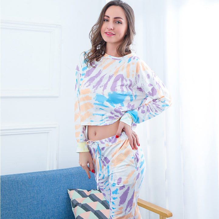 Damen Zweiteiliges Crop-Lounge-Set mit Batikprint, Oversize-Sweatshirt und Kordelbund-Jogger – Élanora