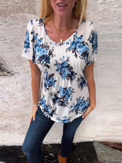 Damen nan locker geschnittenes Kurzarm-Blusenshirt mit Kellerfalten und floralem Druck Echo Archiv