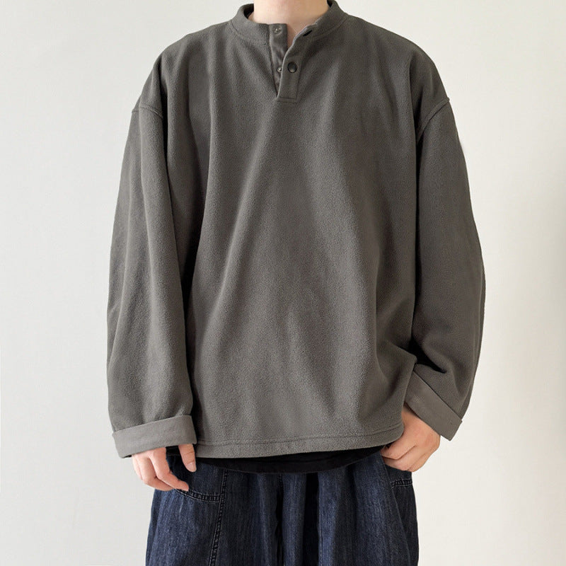 [Unisex] Oversize-Fleece-Henley-Pullover mit halber Knopfleiste, Kordelzugsaum und umgeschlagenen Ärmeln Echo Archiv
