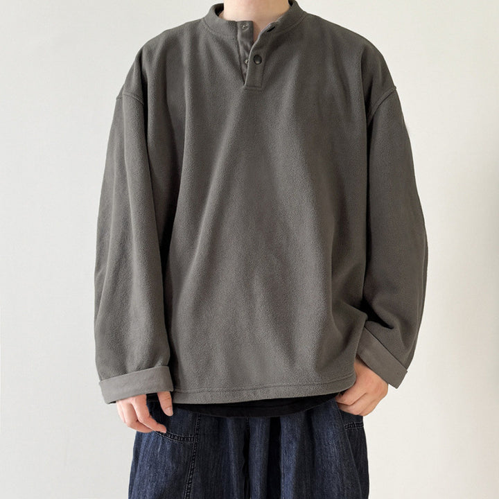 [Unisex] Oversize-Fleece-Henley-Pullover mit halber Knopfleiste, Kordelzugsaum und umgeschlagenen Ärmeln Echo Archiv