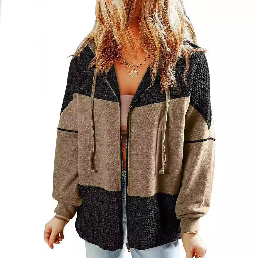 Damen Lässige Oversize-Kapuzenjacke mit Strukturstrick-Einsätzen und Reißverschluss Echoarchiv