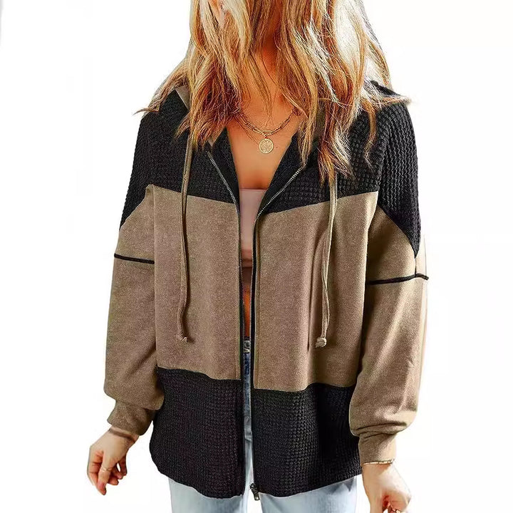 Damen Lässige Oversize-Kapuzenjacke mit Strukturstrick-Einsätzen und Reißverschluss Echoarchiv