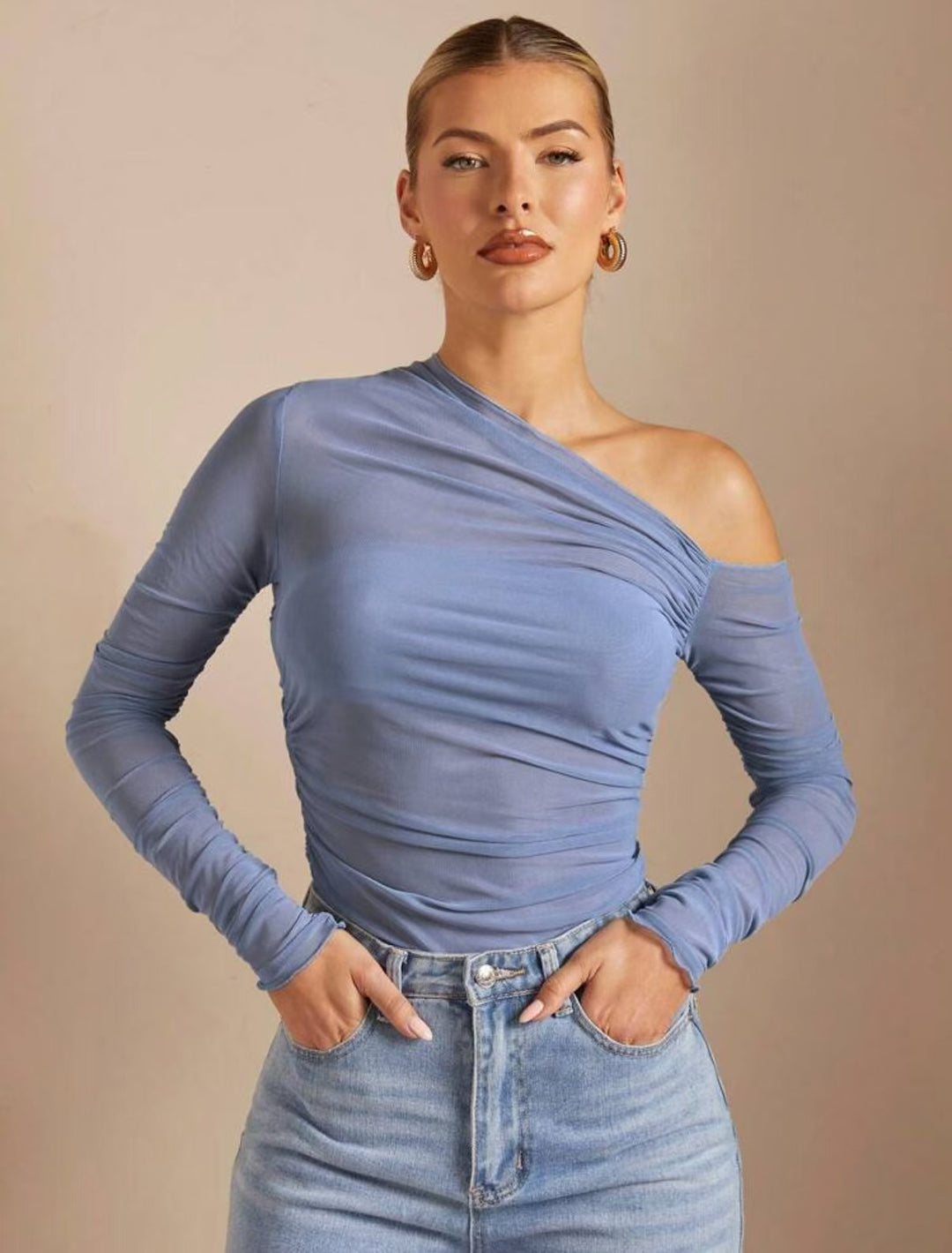 Damen Asymmetrischer Body mit Raffungen und langen Ärmeln Echo Archiv
