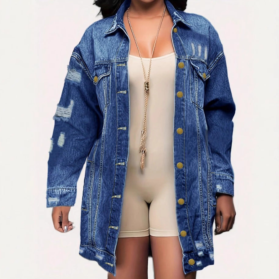 Damen Oversize Longline-Denimjacke mit Distressed-Details und Pattentaschen Echo Archiv