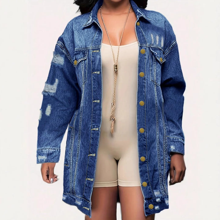 Damen Oversize Longline-Denimjacke mit Distressed-Details und Pattentaschen Echo Archiv