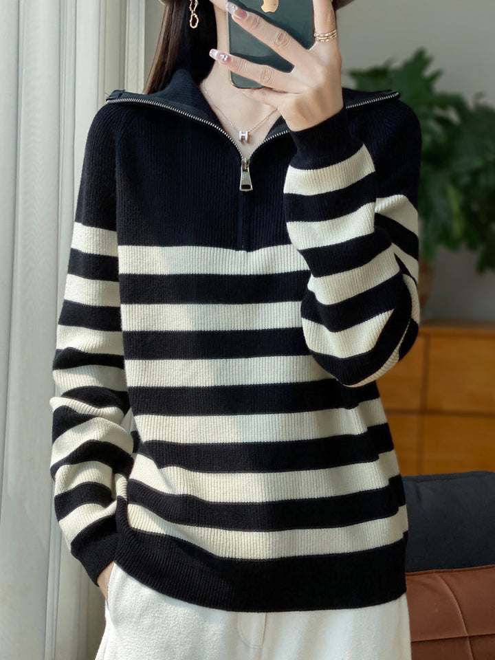 Damen Maritimer Troyer-Pullover aus feinem Rippstrick mit breiten Querstreifen Echoarchiv