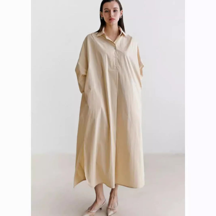 Damen Fließendes Oversize‑Hemdkleid mit Kentkragen, Kimonoärmeln und Seitenschlitzen – Valéora