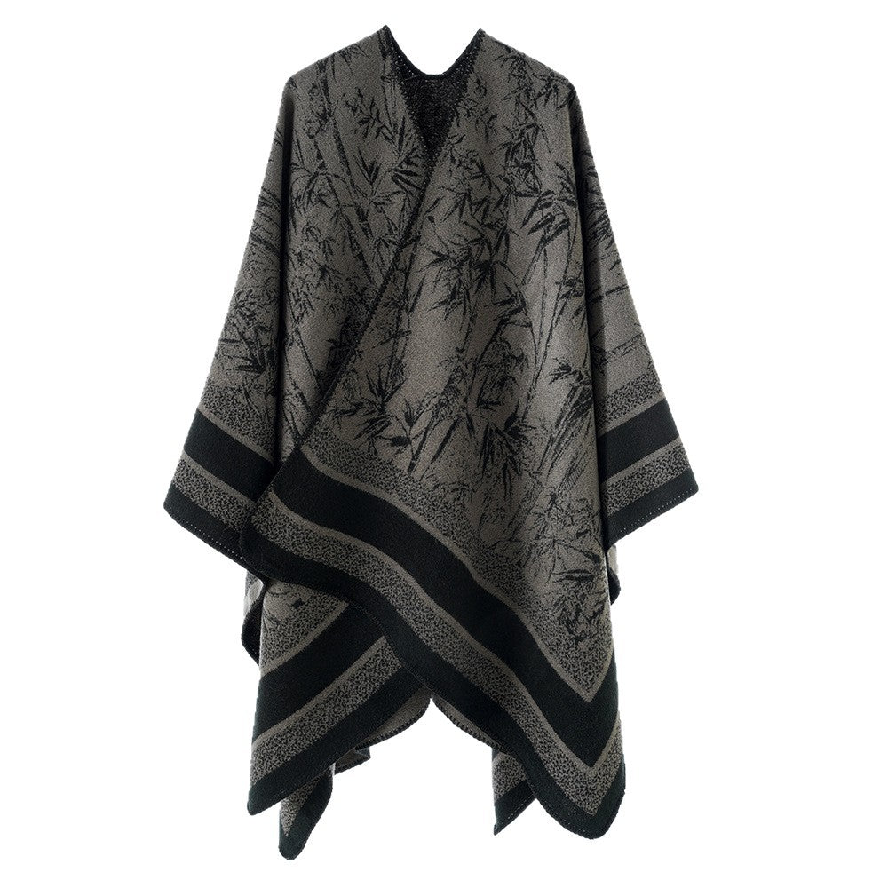 Damen Jacquard‑Poncho im Cape‑Stil mit Bambusmotiv und offener Vorderseite – Avérine