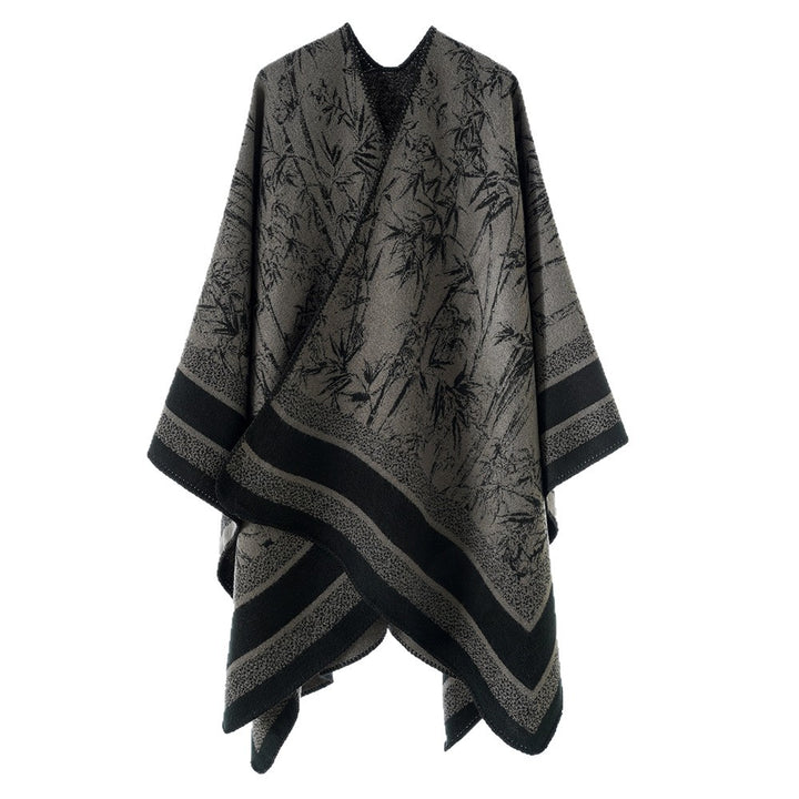 Damen Jacquard‑Poncho im Cape‑Stil mit Bambusmotiv und offener Vorderseite – Avérine