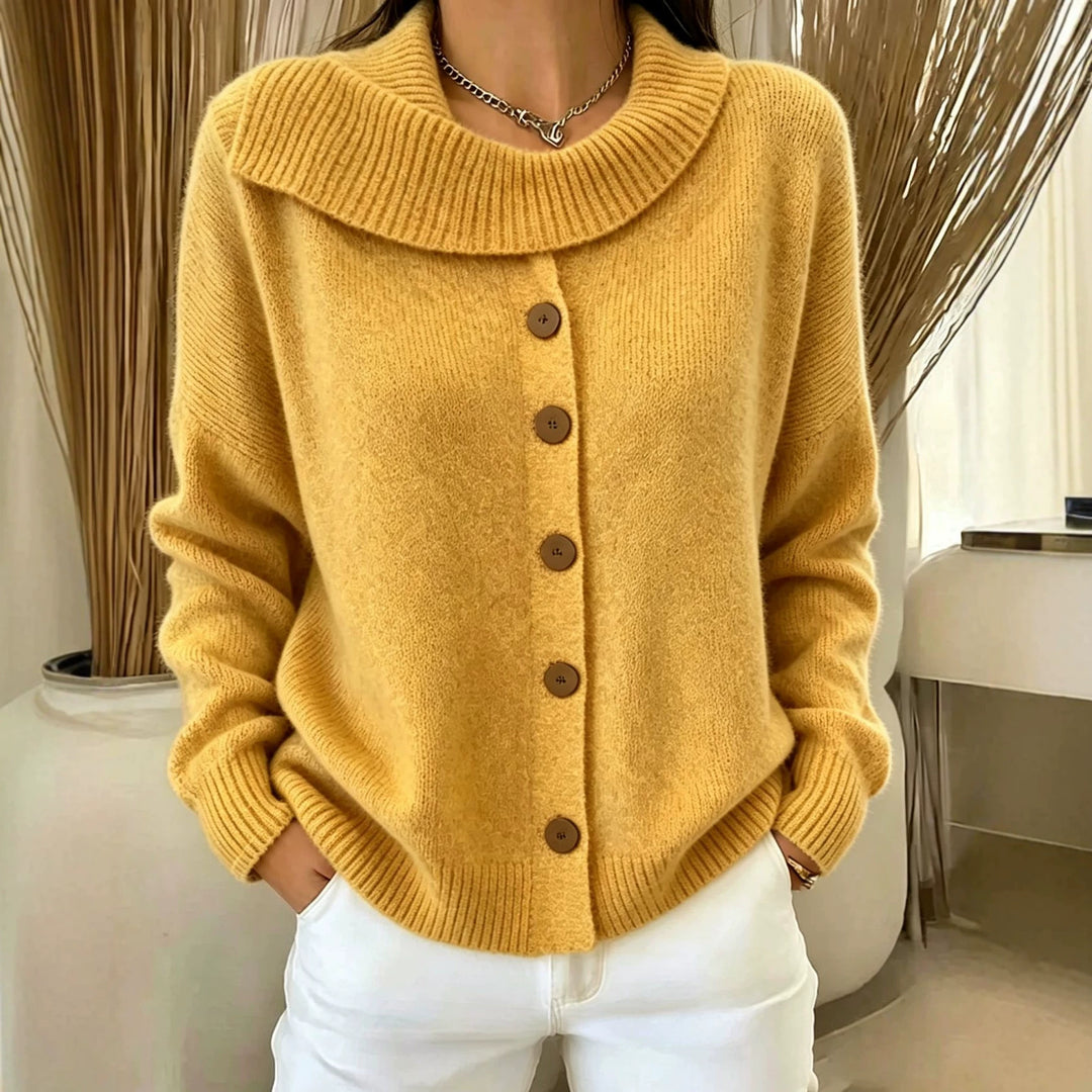 Damen Kuscheliger Knopf-Cardigan mit breitem Rollkragen und gerippten Bündchen – Veloura