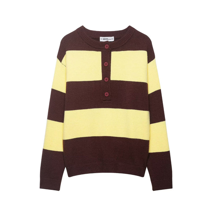 Damen Gestreifter Grobstrick-Pullover im Boxy-Cropped-Schnitt mit Henley-Knopfleiste Echoarchiv