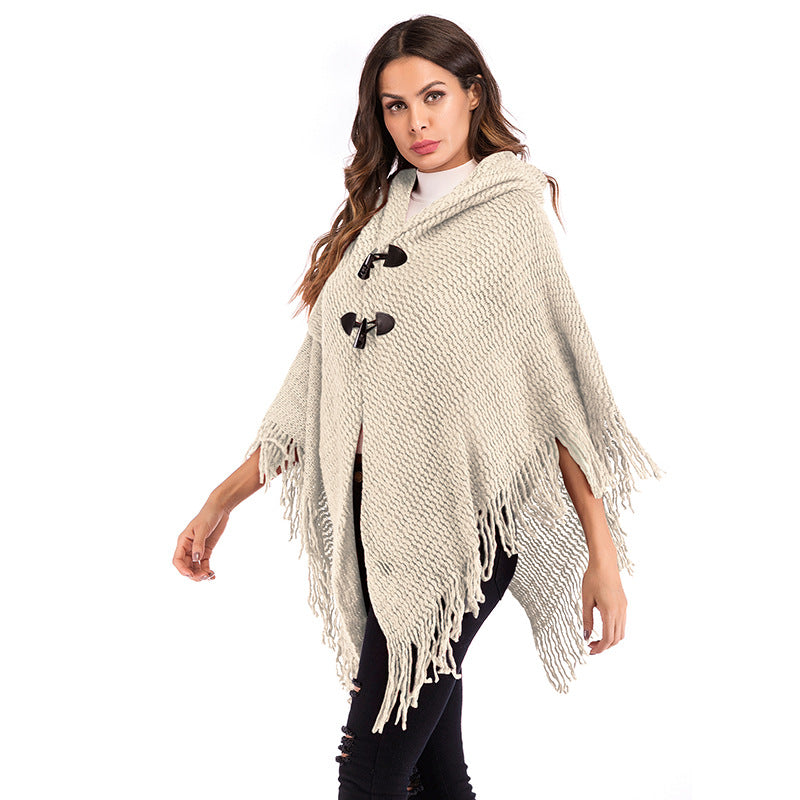 Damen Grobgestricktes Poncho mit Rollkragen, Fransen & Karomuster Echoarchiv
