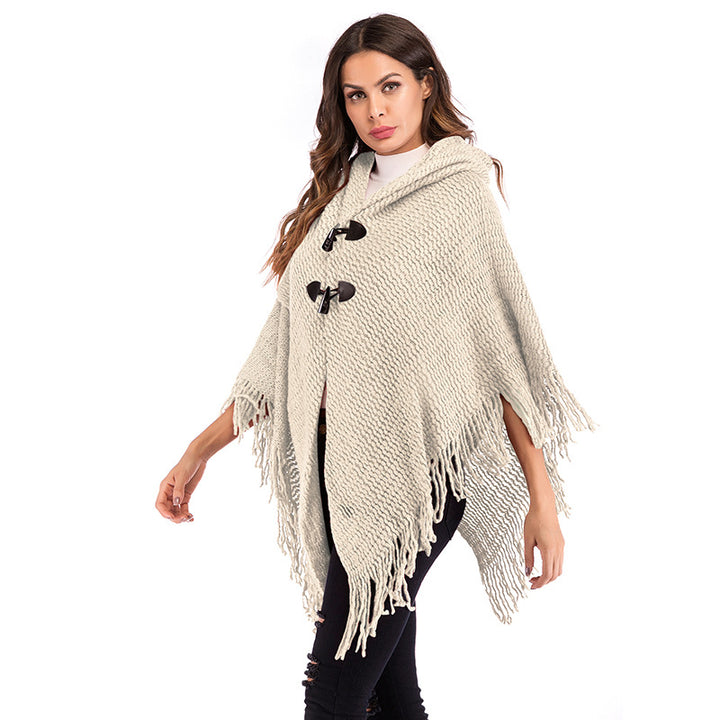 Damen Grobgestricktes Poncho mit Rollkragen, Fransen & Karomuster Echoarchiv