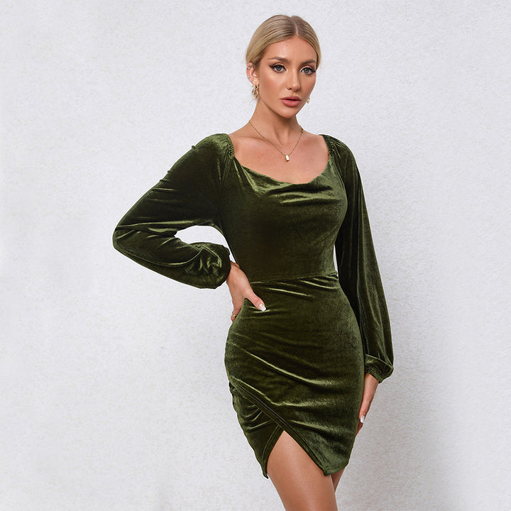 Damen Samtiges Wickel-Minikleid mit Wasserfall-Cowl, Ballonärmeln und asymmetrischer Raffung – Élara