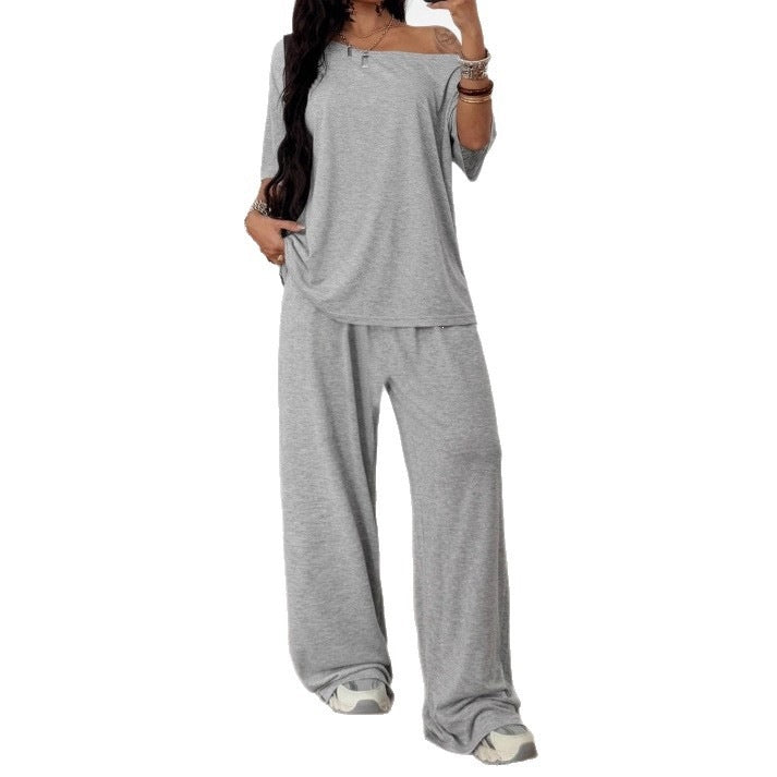 Damen Lässiges Lounge-Set aus weichem Jersey mit weiter Palazzohose und schulterfreiem Oversize-Top – Élanora