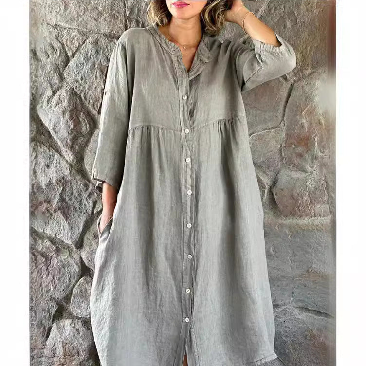 Damen Locker Midi Kleid aus Leinenmischung mit durchgehendem Knopfleiste und Seitentaschen – Élara