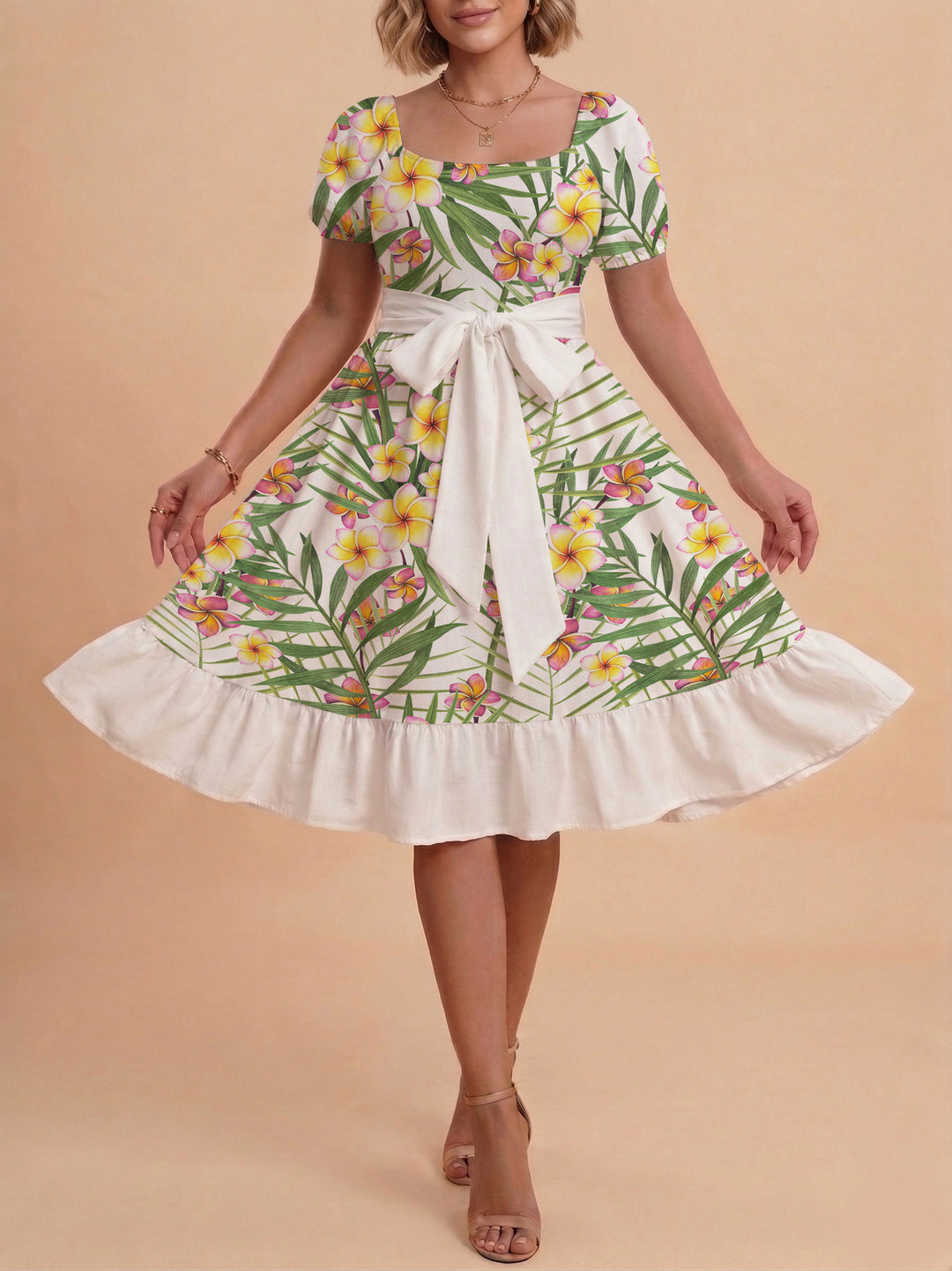 Damen Sommerkleid mit floralem Puffärmel und taillierbarem Gürtel Echo Archiv