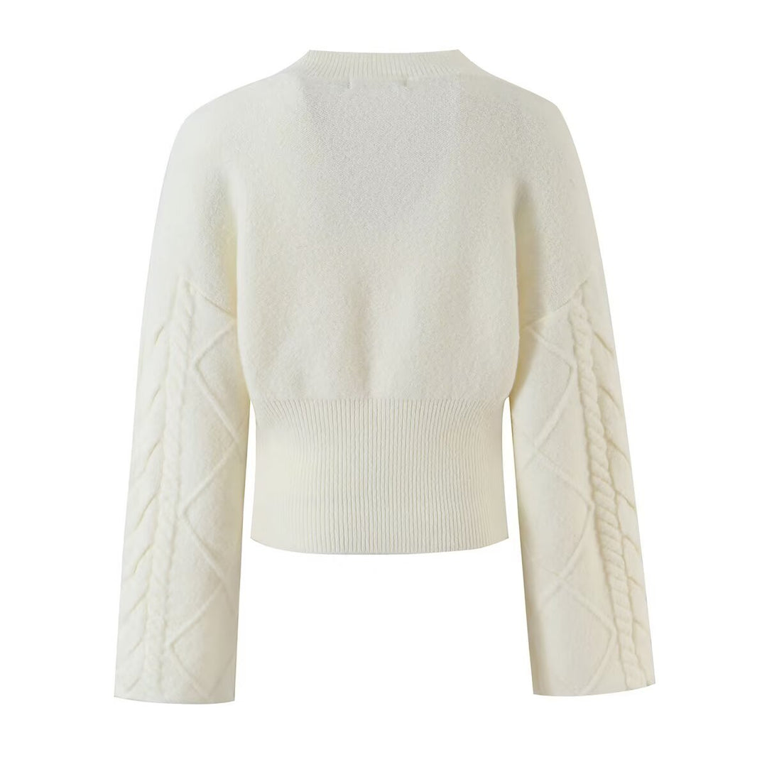 Damen Kurzgeschnittener Zopfstrick-Pullover mit weitem Ärmel und geripptem Saum Echo Archiv