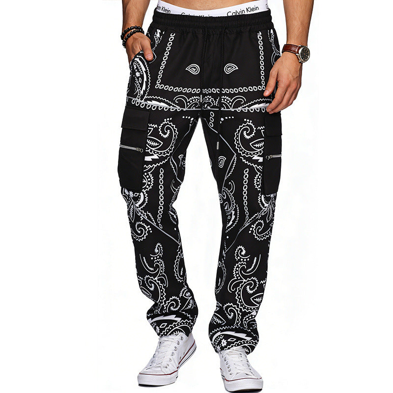 Herren Cargo-Hose mit Bandana-Print, elastischem Bund und Zipper-Taschen – Bravaro