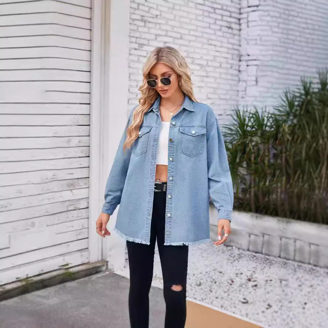 Damen Denim-Bluse im lässigen Schnitt mit Fransen und aufgesetzten Taschen Echo Archiv
