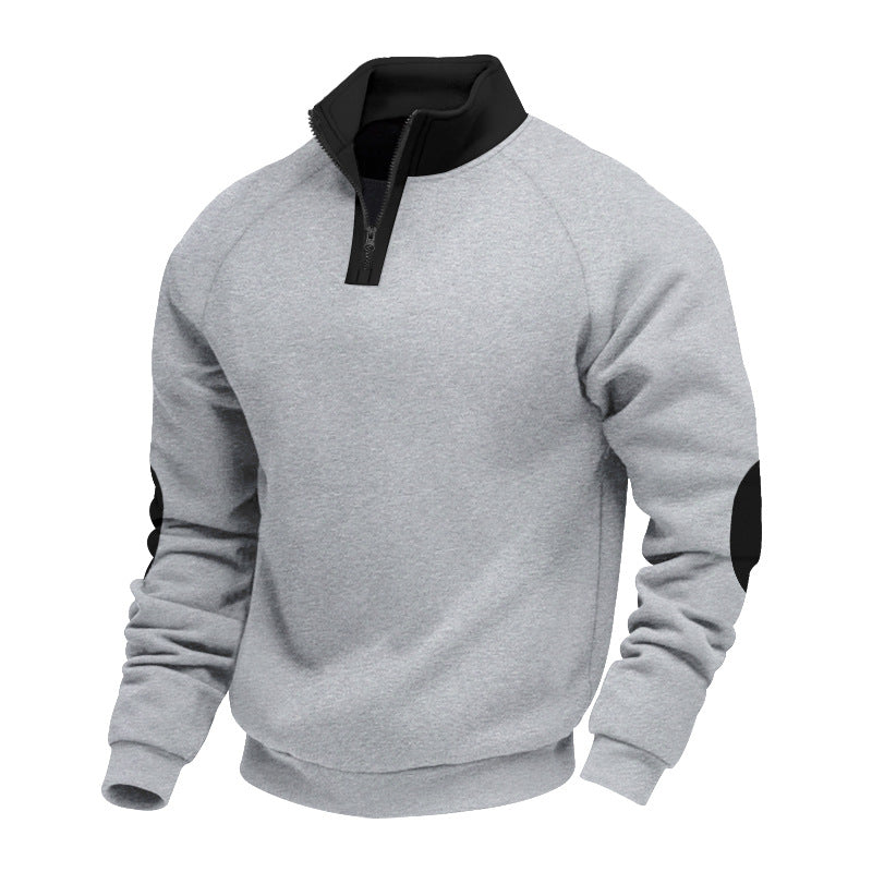 Herren modischer Sweatpullover mit halbem Reißverschluss und kontrastierenden Ellenbogenpatches Echoarchiv