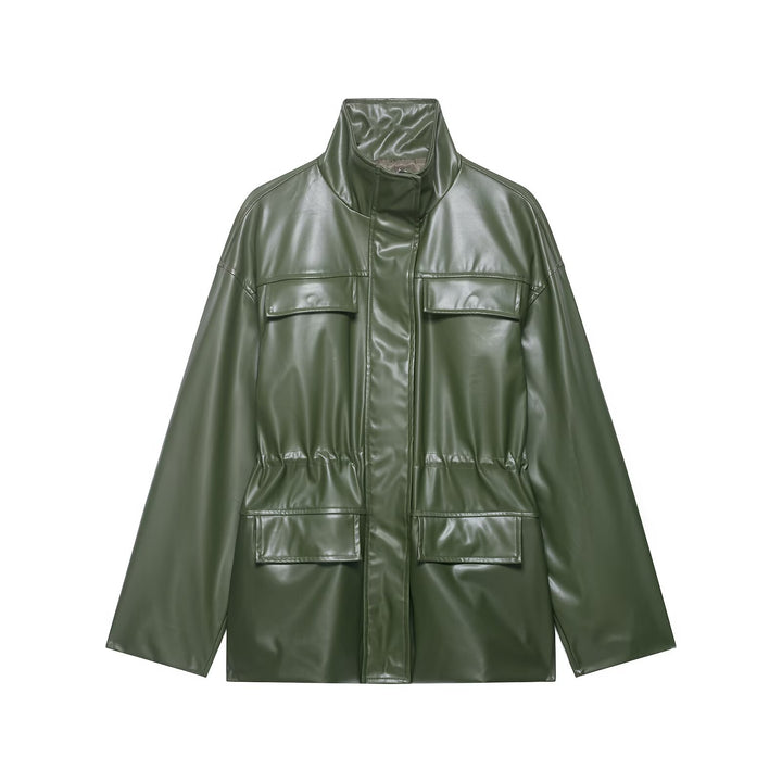 Damen Zweiteiliges PU-Leder-Ensemble mit Fieldjacke, Kordelzugtaillierung und High‑Waist Wide‑Leg Hose Echo Archiv