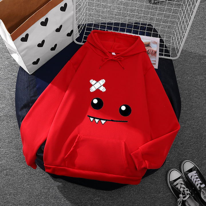 Damen Kapuzenpullover mit verspieltem Monstergesicht, Bandagen-Applikation und Kängurutasche – Auréline