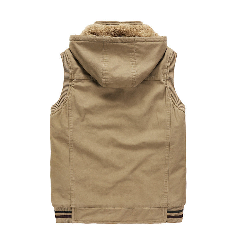 Herren Ärmellose Canvas-Weste mit Kapuze, Teddyfutter und Multifunktions-Taschen Echoarchiv
