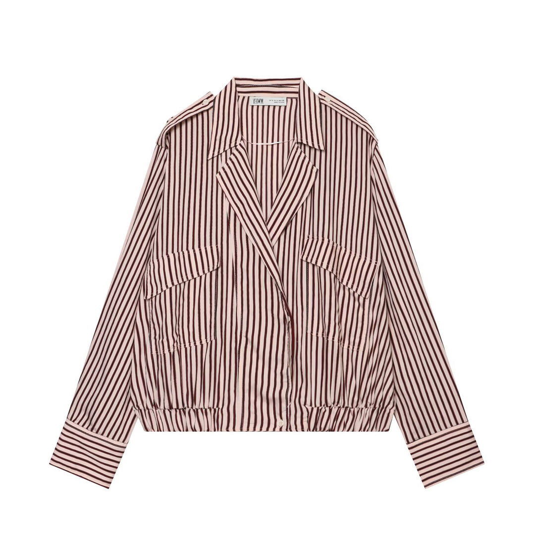 Damen Gestreifte Oversized Hemdjacke mit Tunnelzugsaum und Pattentaschen Echo Archiv