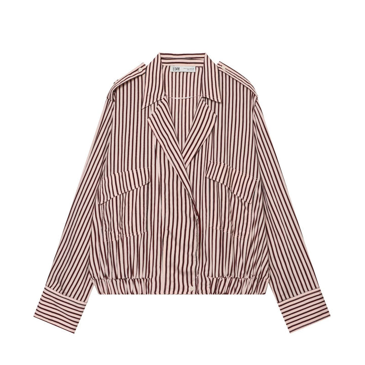 Damen Gestreifte Oversized Hemdjacke mit Tunnelzugsaum und Pattentaschen Echo Archiv