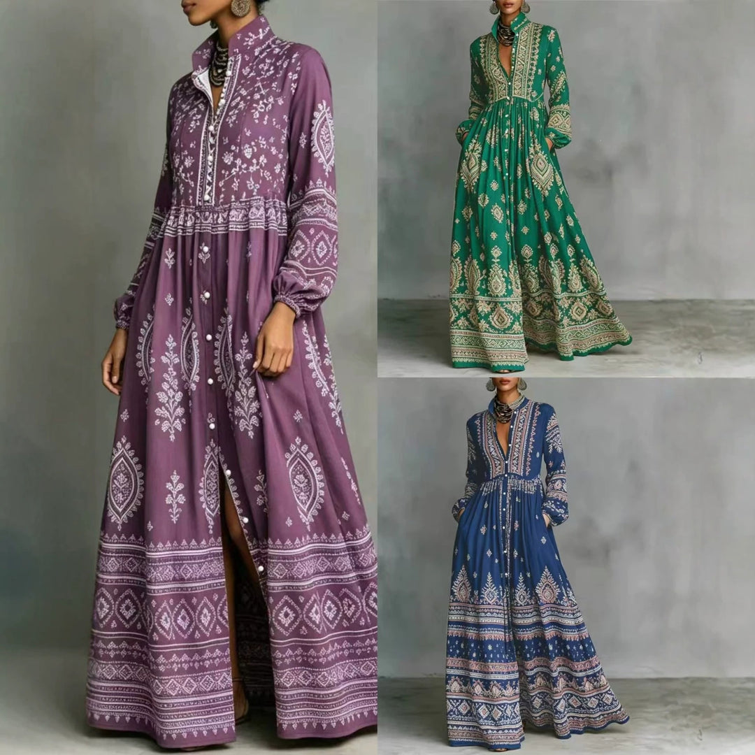 Damen Boho-Maxi-Hemdkleid mit Stickbordüren, hoher Stehkragen und Taschen Echoarchiv