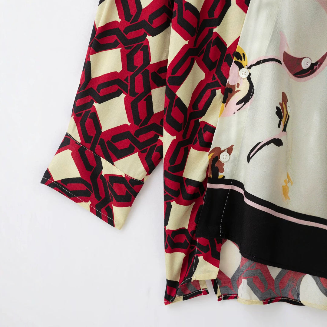 Damen Oversize Seidenoptik Bluse mit asymmetrischem Saum und Patchwork-Print Echo Archiv