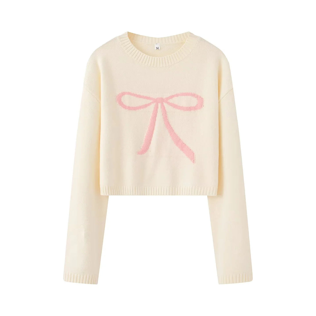 Damen kurz geschnittener Strickpullover mit Intarsien-Schleifenmotiv – Mavelle