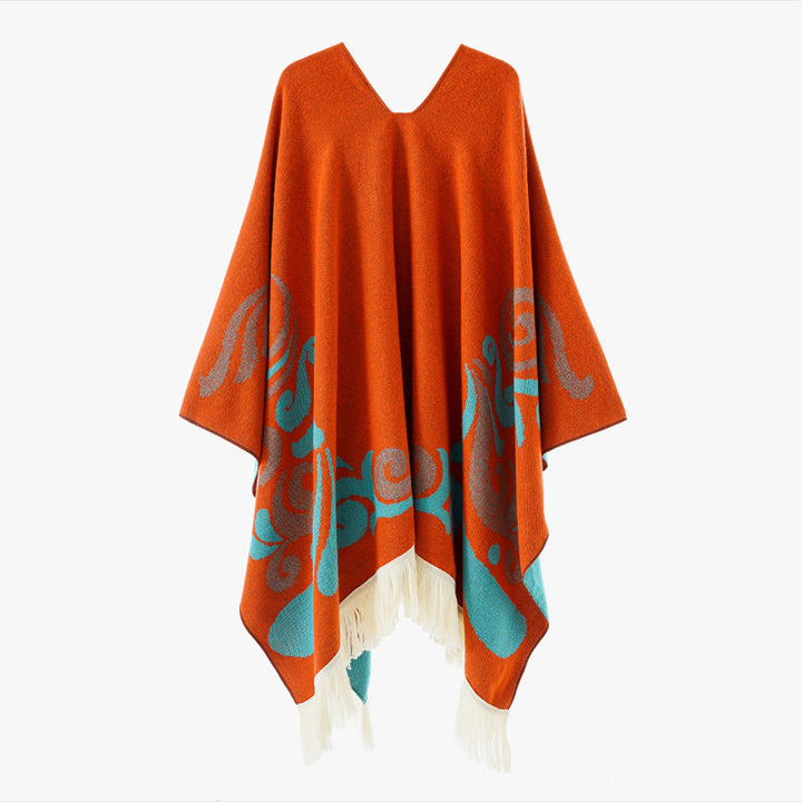 Damen Wollmix-Poncho im Umhangstil mit V-Ausschnitt, kontrastierendem Ornament-Jacquard und Fransen – Montévia