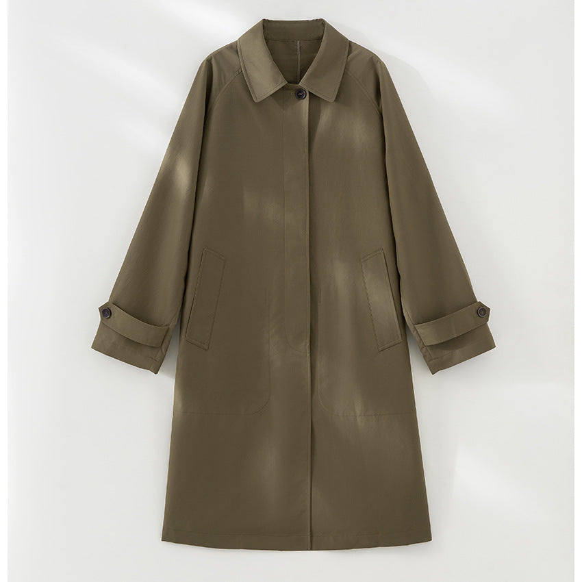 Damen Langer minimalistischer Trenchcoat mit verdeckter Knopfleiste und verstellbaren Manschetten Echoarchiv