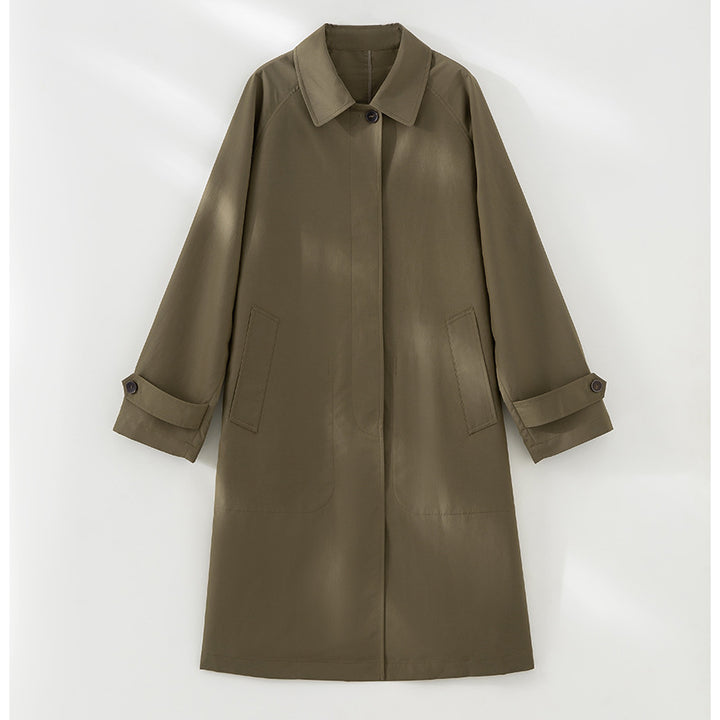 Damen Langer minimalistischer Trenchcoat mit verdeckter Knopfleiste und verstellbaren Manschetten Echoarchiv